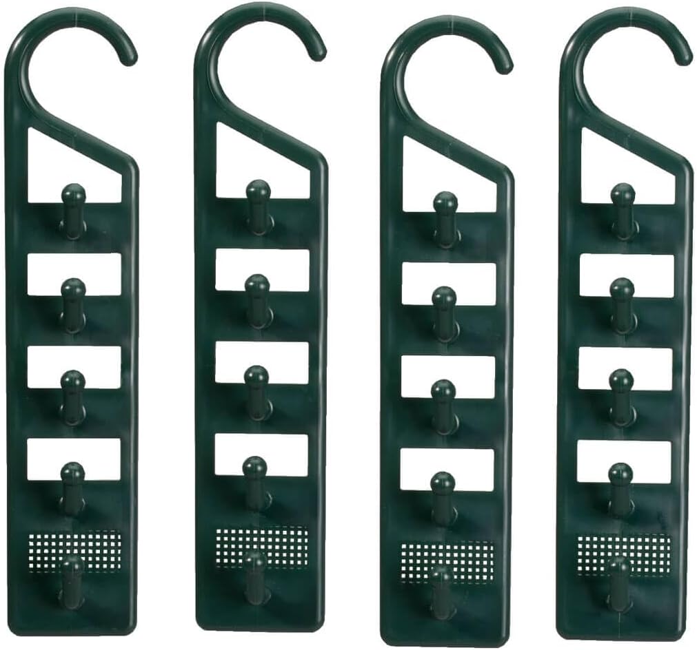 Space Saving Closet Hanger Holders – Set of 4 Durable Green Plastic Organizers with 5 Vertical Hooks Each – Maximize Wardrobe Space for Clothes, Belts, Scarves & Accessories by Miles Kimball