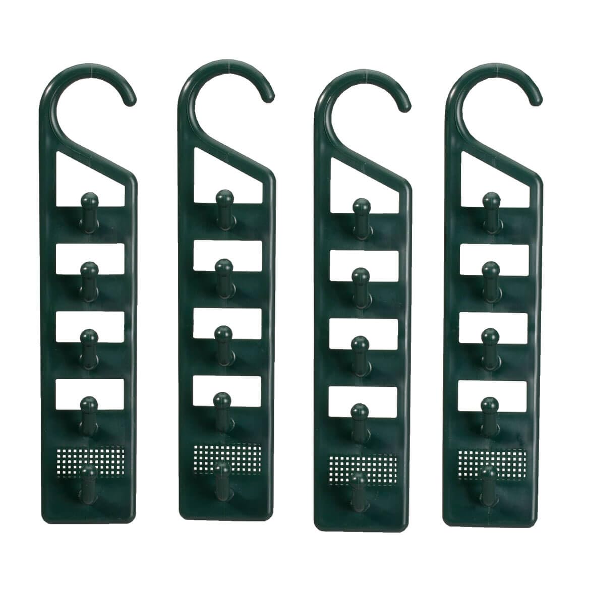 Space Saving Closet Hanger Holders – Set of 4 Durable Green Plastic Organizers with 5 Vertical Hooks Each – Maximize Wardrobe Space for Clothes, Belts, Scarves & Accessories by Miles Kimball