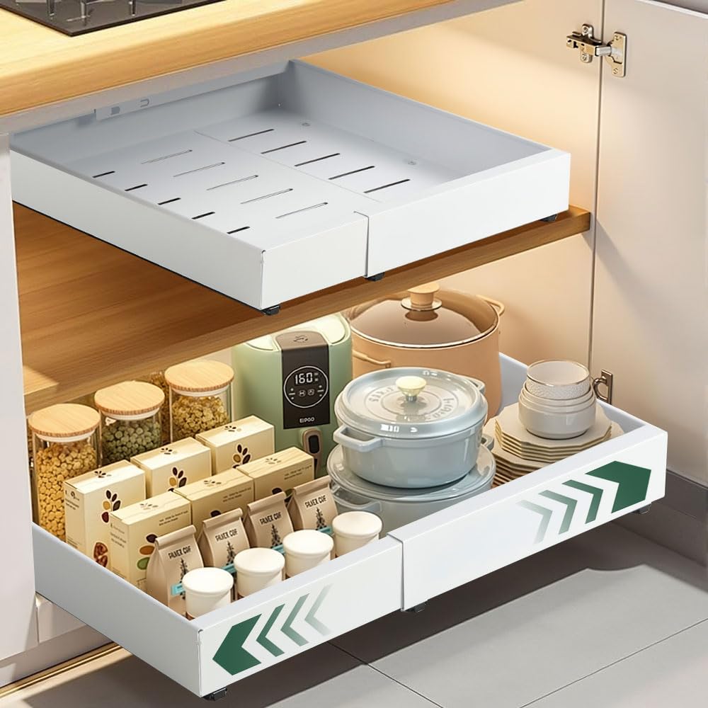 Ausziehbare Schubladen, Vielseitiger Teleskopschublade Küchen Organizer | Verstellbare Breite 32–52 cm, Tiefe: 52 cm