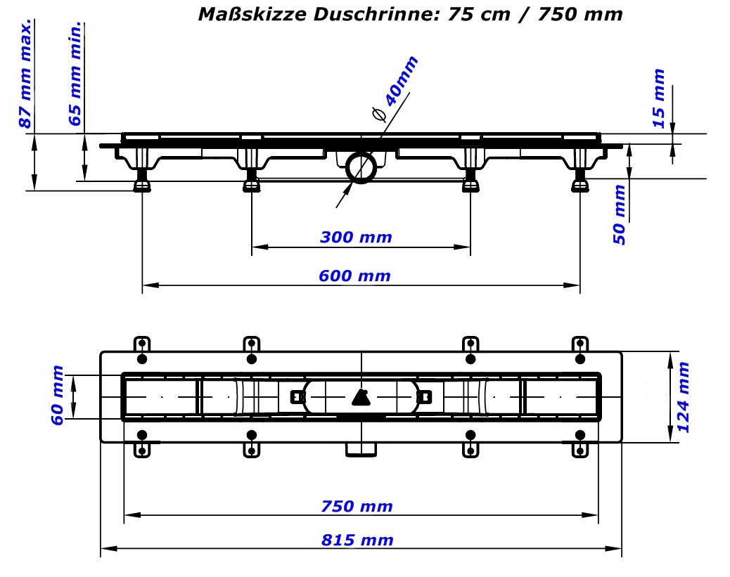 Canaleta de desagüe de acero inoxidable para ducha, 75 cm, modelo mediano