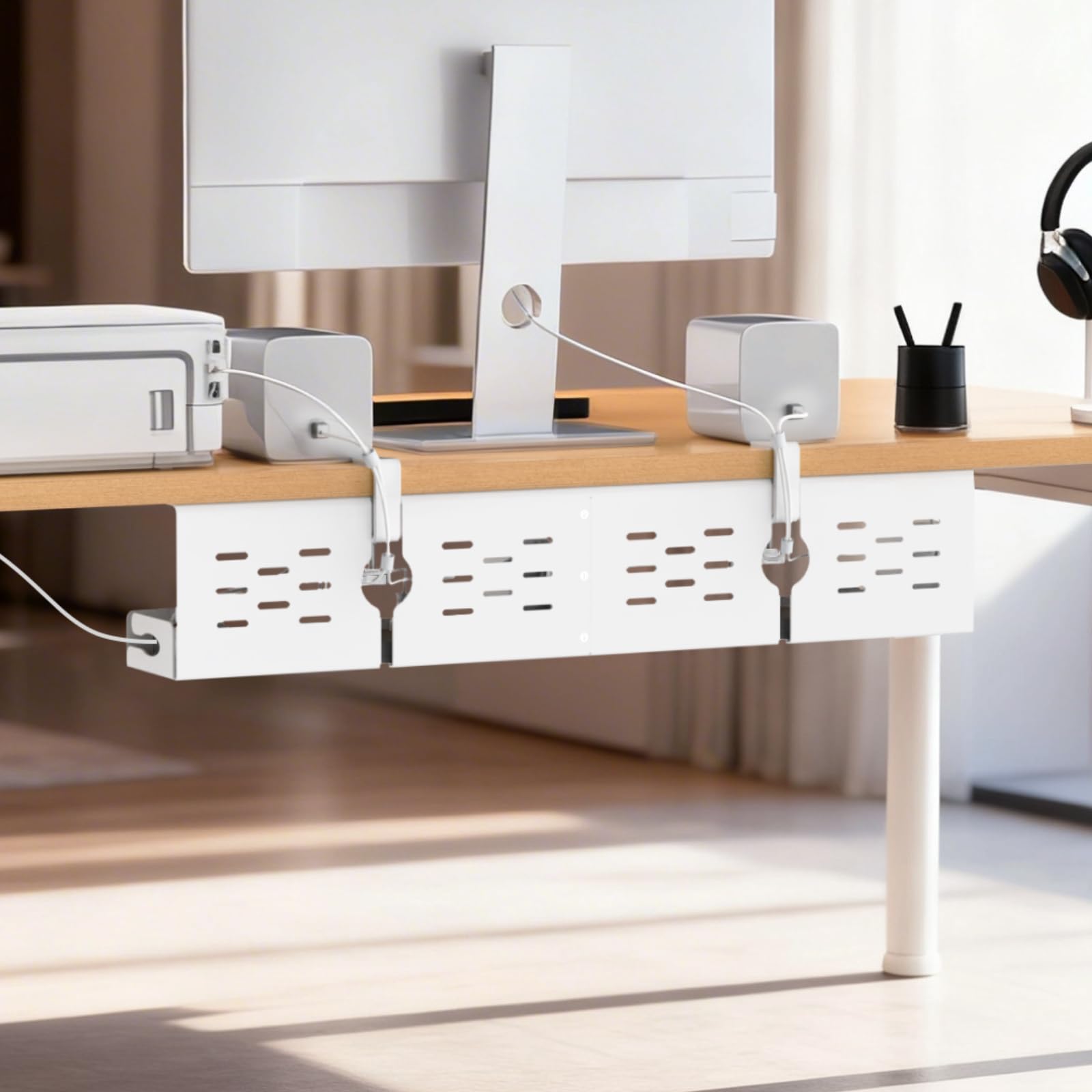 Univivi Kabelmanagement unter dem Schreibtisch, stabile Metall-Kabelwanne ohne Bohren, C-Klemme und Schraubhalterung, robuster Kabel-Organizer für Büro und Zuhause, 81,3 cm, Weiß