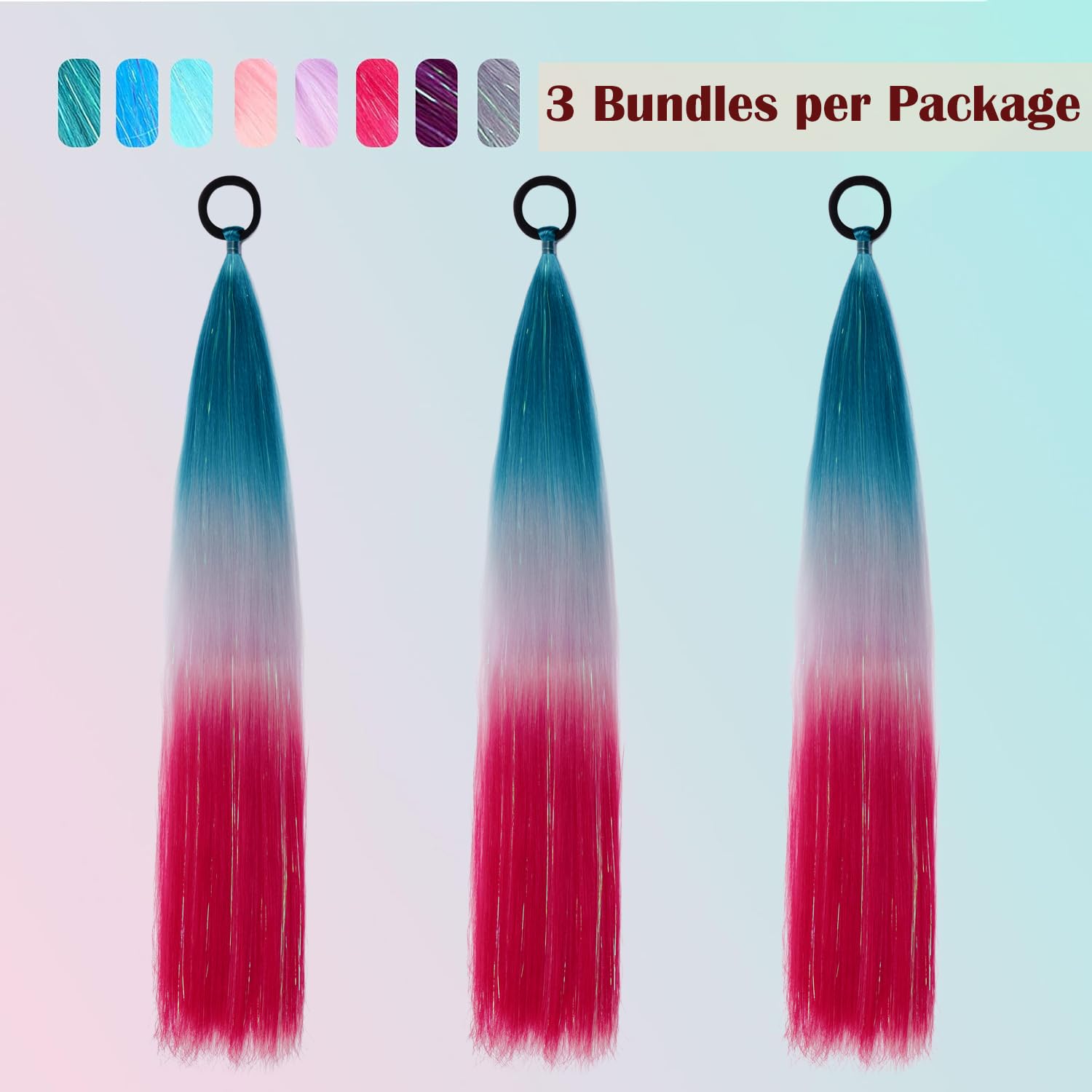 PORSMEER 3 Packs Ponytail Extension 24 inch Colored Hair Extensions for Braiding Rainbow Pony Tail Hair Extensions for Braids with Hair Tie Glitter Hair for Festival/Party,Green to Silver Grey to Red - Image 2