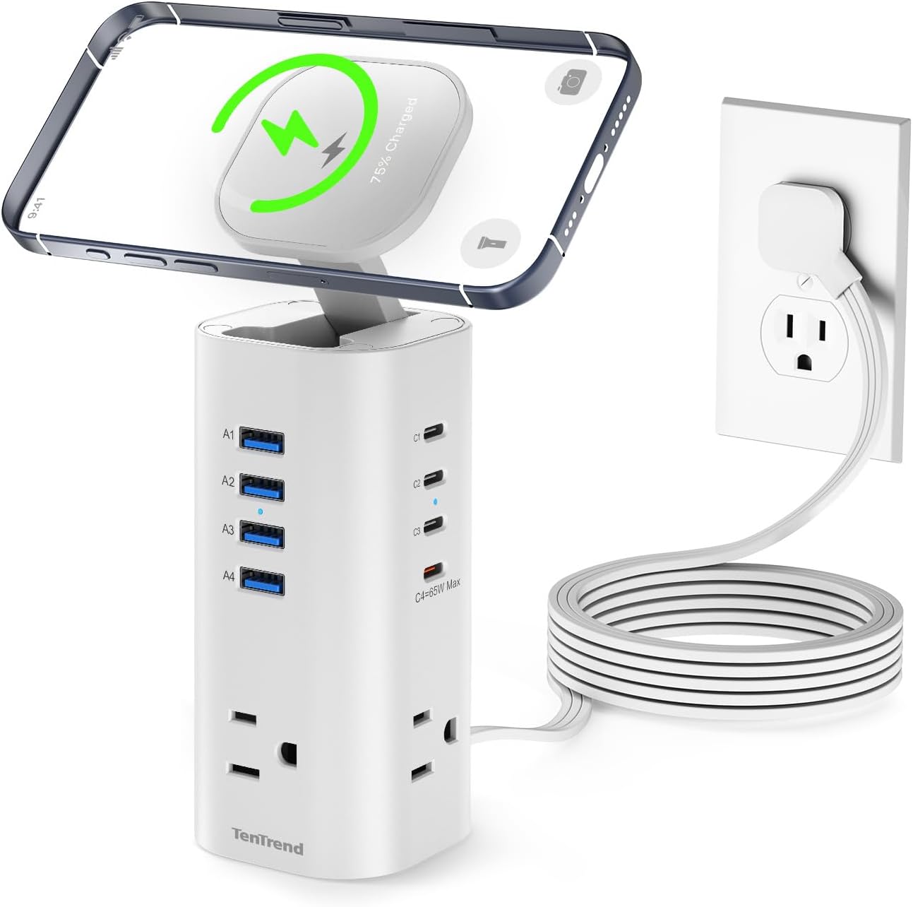 PD 65W USB Charging Station for Multiple Devices, TenTrend Power Strip Tower with 3AC Outlets & 15W Wireless Charger, Surge Protector Power Strip with 8 USB Ports(4 USB C), 5FT Cord for Home, Office