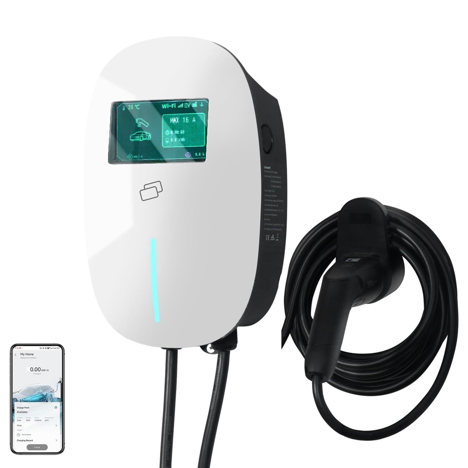 YU YUSING Columna de carga de coche eléctrico 11 kW, 7 m cable carga coche eléctrico tipo 2, 6-16 A Wallbox trifásico, carga coche eléctrico con Schuko, contra APP, LCD digital y soporte, IP65, blanco