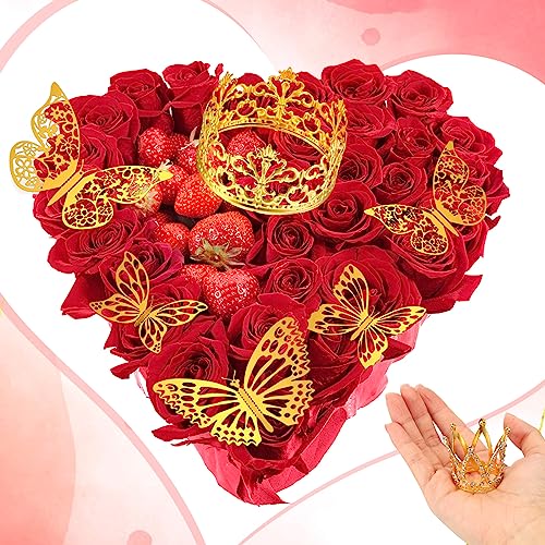 Kigley KIGLEY-0705 40 Pcs Gold Bouquet Accessory Set 4 Pcs Gold Crown Topper And 36 Pcs 3D Gold Butterfly Decorations For Flower Arrangements, Wedding, Birthday Baby Shower Party, Afternoon Tea Cake Decorating thumb #2