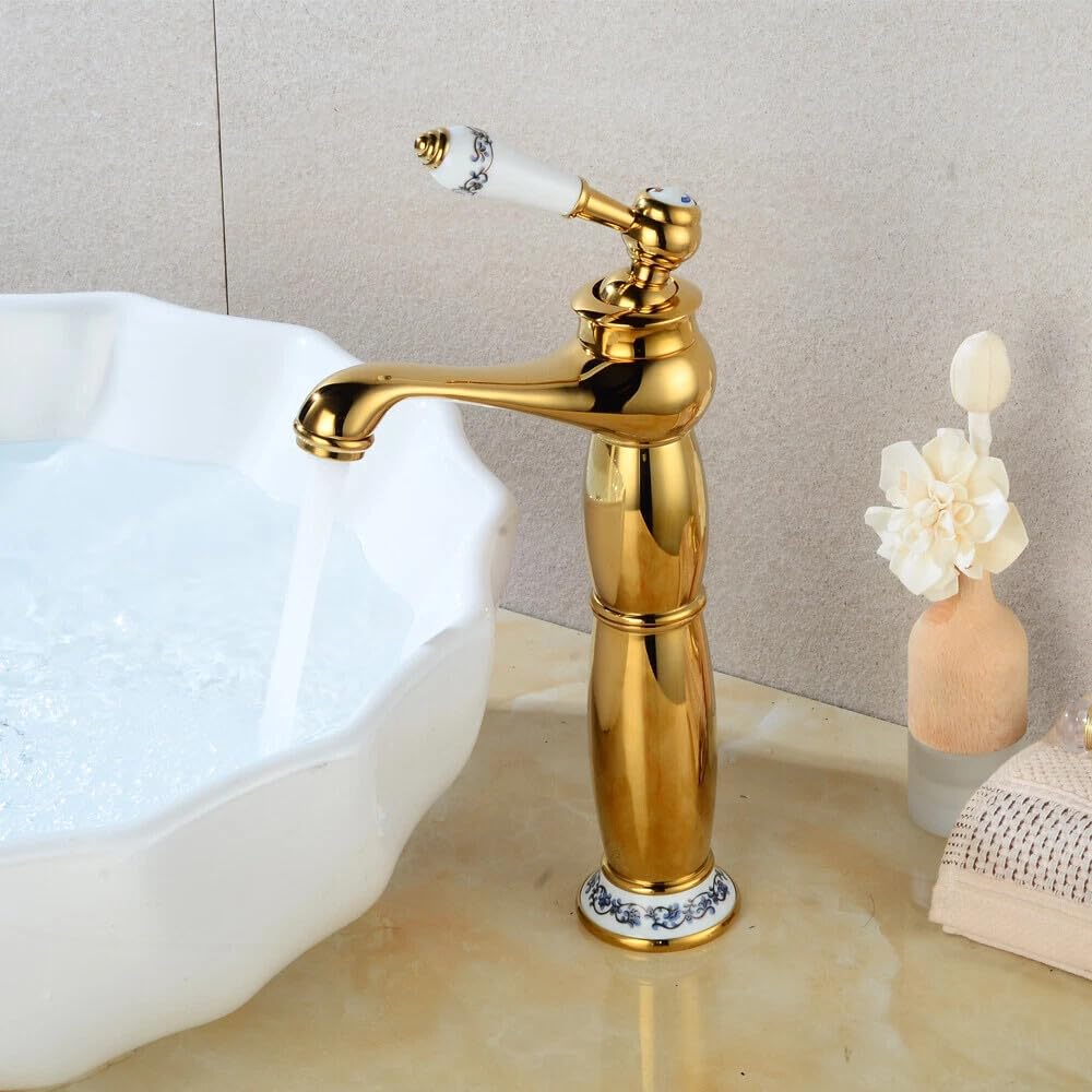 Grifo de latón dorado retro con patrón giratorio, cartucho de cerámica de alta calidad, giratorio, grifo para lavabo con panal, flujo de agua silencioso para baño, hotel, inodoro, hogar (dorado)