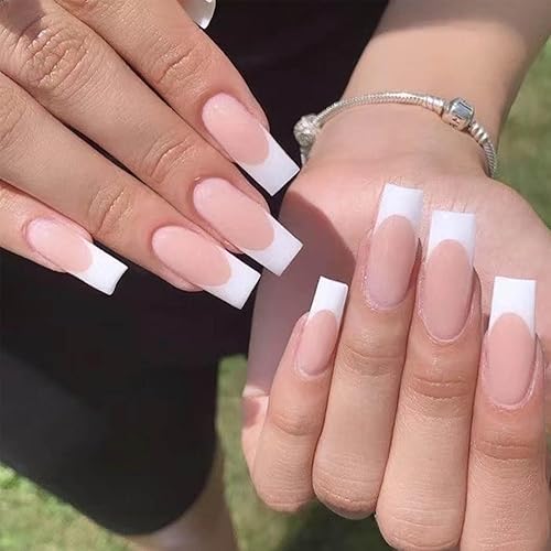 Uñas postizas cuadradas francesas largas, uñas postizas acrílicas de cobertura completa, uñas postizas largas para mujeres y niñas, 24 unidades disponible en Yaxa Costa Rica