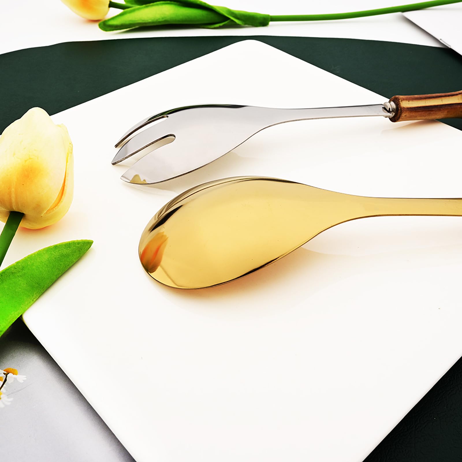 Snplowum 4PCS Serving Spoon, 18/10 Stianless Steel Gold Resuable Serving Utensils With Bamboo Handle, Buffet Banquet Dinner Spoons, 10-inch