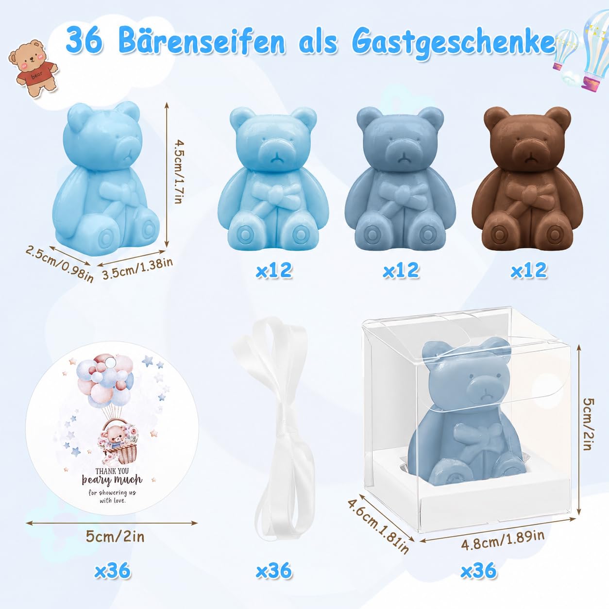 36 Stück Bärchen-Seifen Gastgeschenke, Mini-Seifen mit Geschenkbox & Dankeskarten, Duftseifen für Taufe, Hochzeit, Gender Reveal & Geburtstag– Blau & Braun