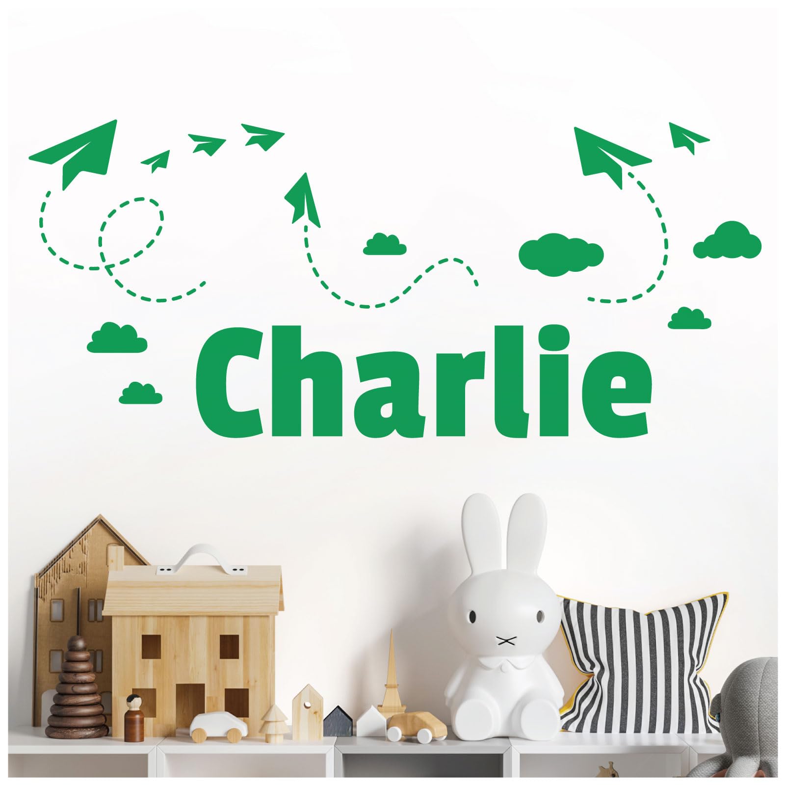 Personalised Name Children Wall Art Sticker - Sky, Paper Planes and Clouds [Large] [Cactus]