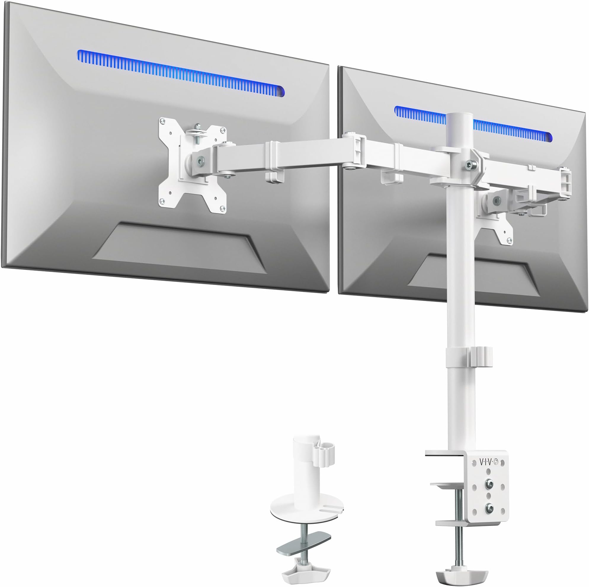 VIVO White Dual 13 to 27 inch LCD LED Monitor Desk Mount Stand with C-clamp and Bolt-Through Grommet, Heavy Duty Fully Adjustable Arms for 2 Screens STAND-V002W