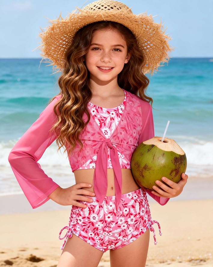 Image of GRACE KARIN Girls Bathing Suit Adjustable Taniki Swimsuit Tie Front 4 Piece Bikini Set with Kimono Cover Up 6-14