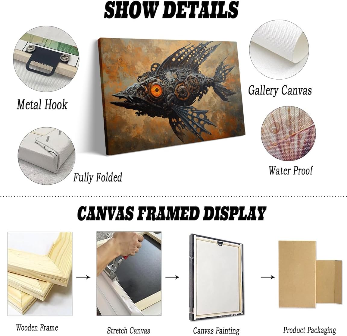 Steampunk Mechanical Fish Wall Art Industrial Fantasy Poster with Glowing Eye Gears Rivets and Rusty Abstract Background for Office or Studio Decor 24x36in Large Frame wall art