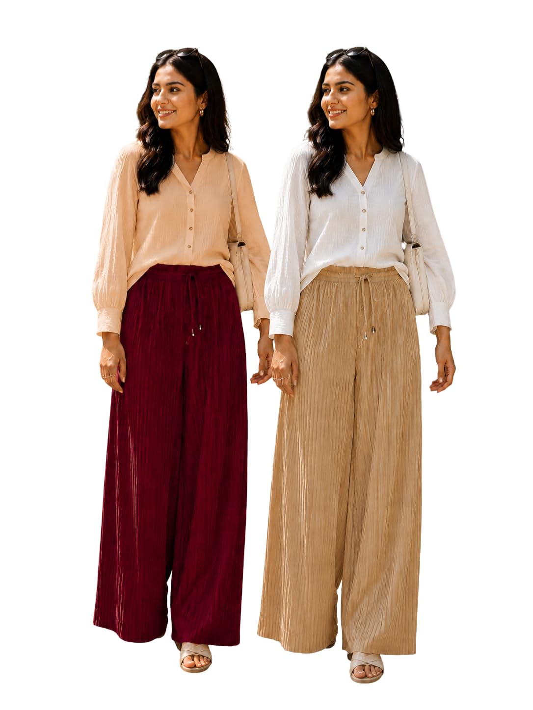Women's Pleated Palazzo Pants High Waist Wide Leg Trousers Elastic Waist Loose Fit Flared Palazzo Casual Pants Lounge Pants Office Wear Travel Wear Comfortable Bottom Wear for Women-picture-29
