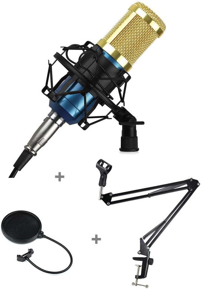 Blue and Gold BM800 Professional Condenser Microphone Mic Kit,Comes with Suspension Boom Scissor Arm Stand,Shock Mount,Pop Filter and XRL Cable For Studio Recording