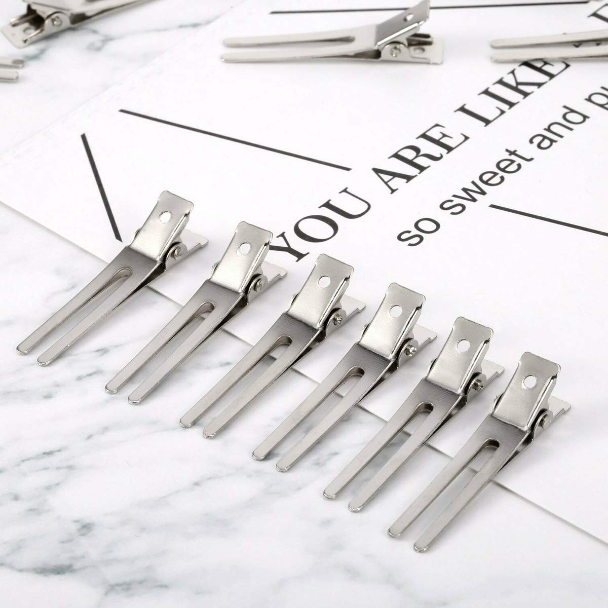 Twdrer 100PCS Hairdressing Double Prong Pin Curl Clips, Curl Setting Section Hair Clips Metal Alligator ClipsHairpins For Hair Bow, Hair Extensions, Hair Salon, Barber, Stylist (1.8", Silver)