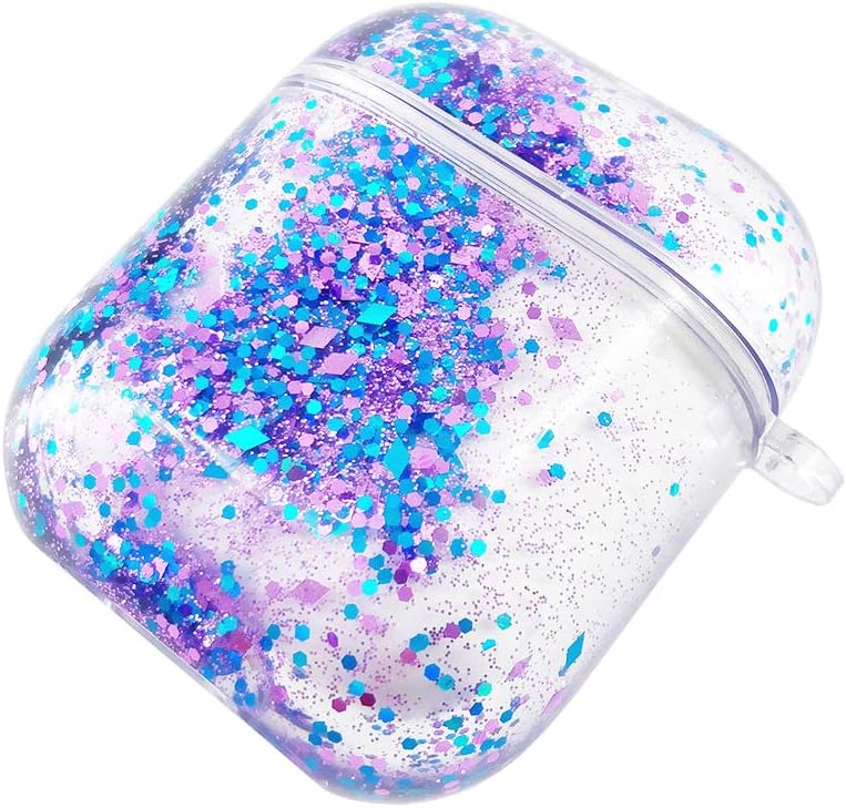 uCOLOR Case for AirPods Full Protective Purple Blue Glitter Sparkle Quicksand Waterfall Clear Fashion Women Protective Case Portable Cover Skin with Key Chain for Earphone AirPods 2/1 Charging Case