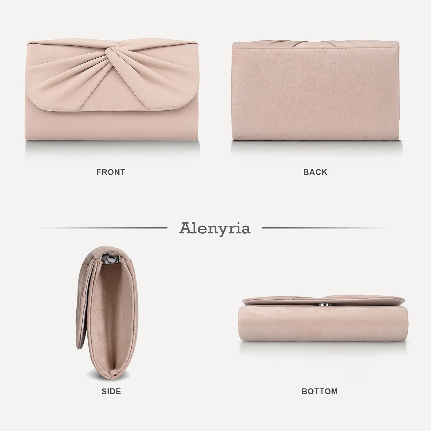 Women Faux Suede Pleated Bow Evening Bag Elegant Clutch Purse Handbag Formal Wedding Prom Party