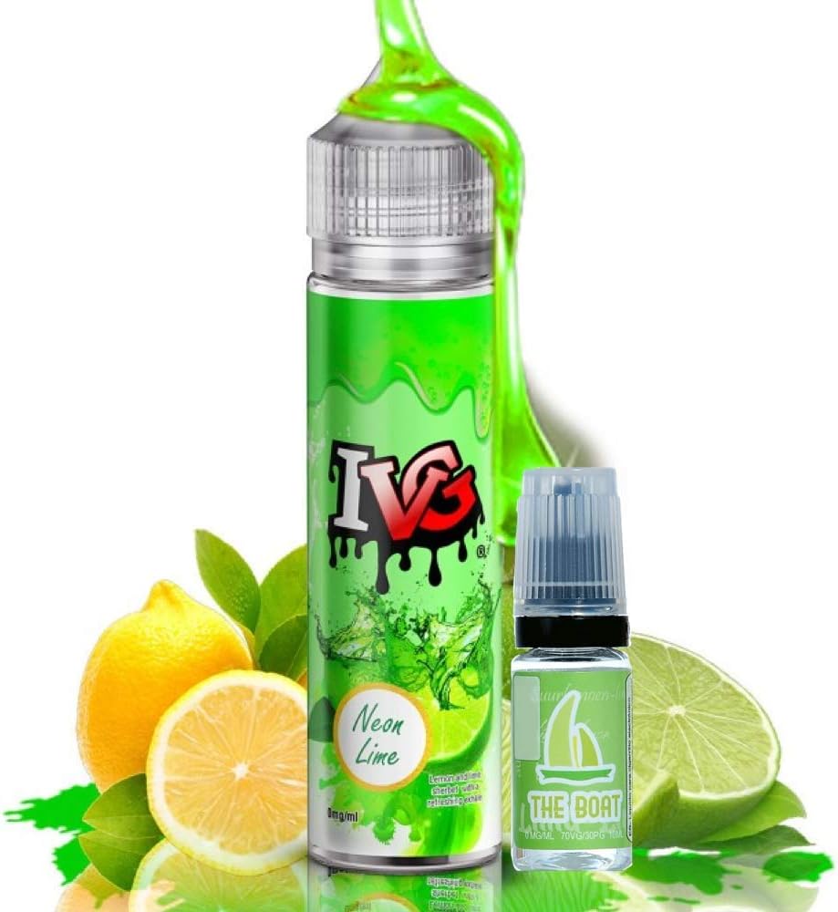 E Liquid E Juice IVG Classics Neon Lime 50ml – 70 vg 30 pg - shortfill – No Nicotine + E Liquid The Boat 10ml Lemon and Lime – No Nicotine.