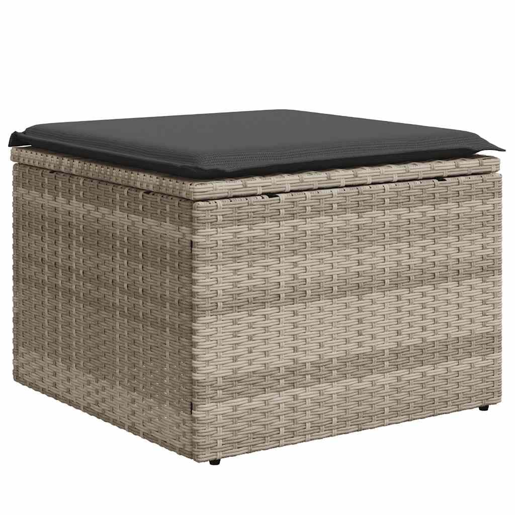 11-teiliges Gartenmöbel Set aus hellgrauem Poly Rattan mit Kissen, wetterfeste Lounge Sitzgruppe für Terrasse Balkon und Wintergarten, inkl. Tisch, Sofa, Sessel, Regal und Fußhocker