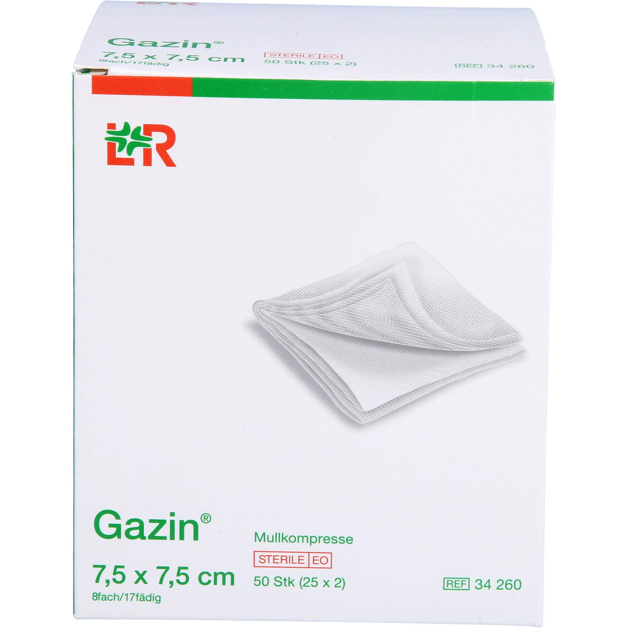 Gazin Kompresy z gazy 75 cm x 75 cm, sterylne, 8-krotne 25 x 2 sztuki, 150 g, białe, 50 sztuk