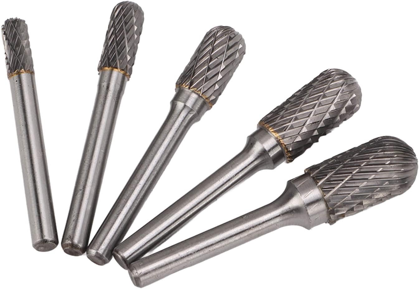 Carbide Rotary Burr Set, Double Cut 6mm Shank Grinding File, 5PCS Rotary Burr Bits for Woodworking Engraving Carving Polishing, Compatible with Aviation Automobile Boat Marine Appl