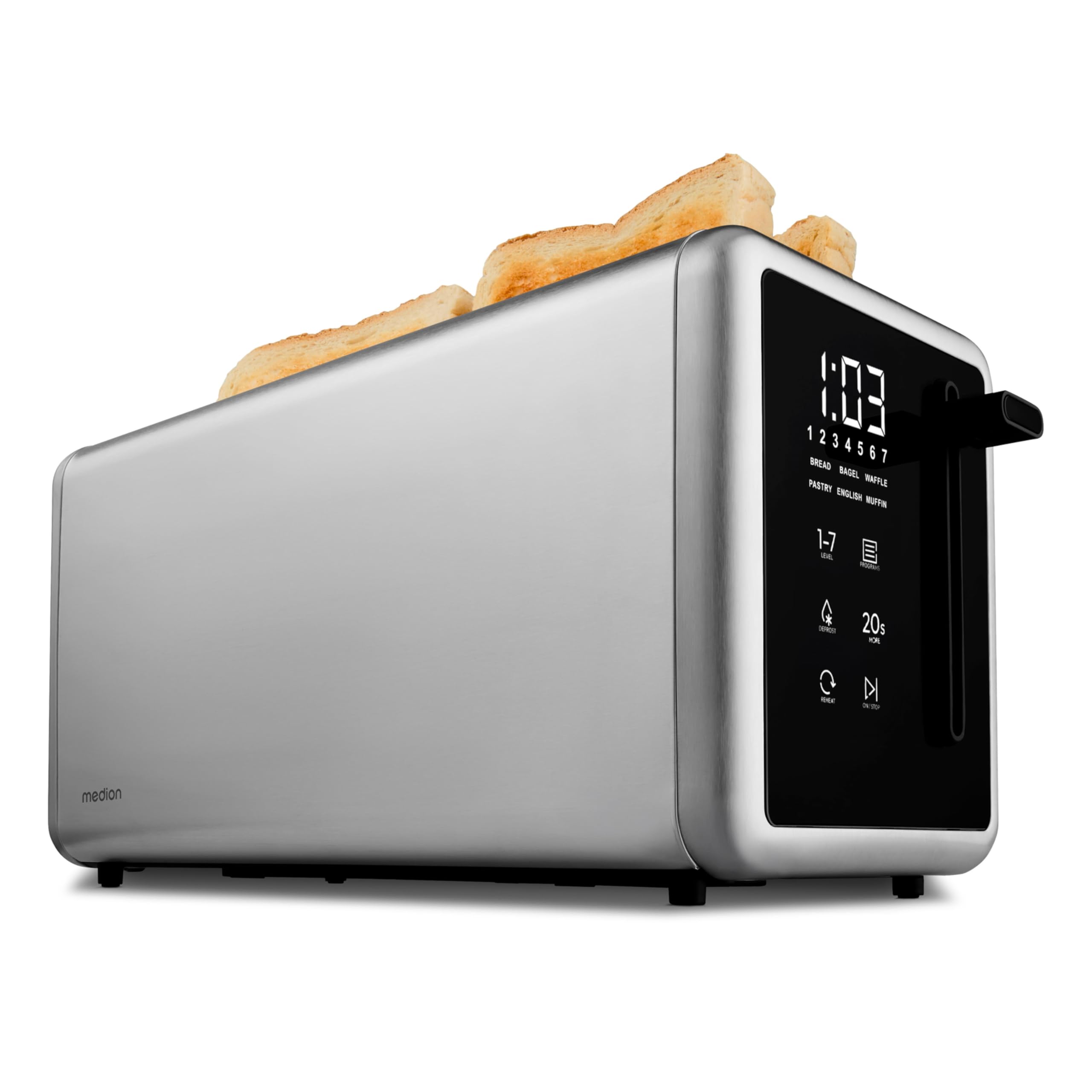 MEDION Tostapane 4 fette con supporto panini (7 livelli, 5 programmi, 1.450 W, 2 fessure lunghe, scongelamento, riscaldamento, cassetto raccoglibriciole, acciaio inox opaco, MD12103) argento