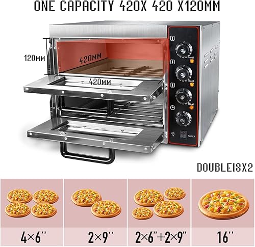 Miniatura 8 de Shikha Horno de pizza comercial de 16 pulgadas, máquina eléctrica de doble capa para hacer pizza con piedra, temporizador de acero inoxidable para