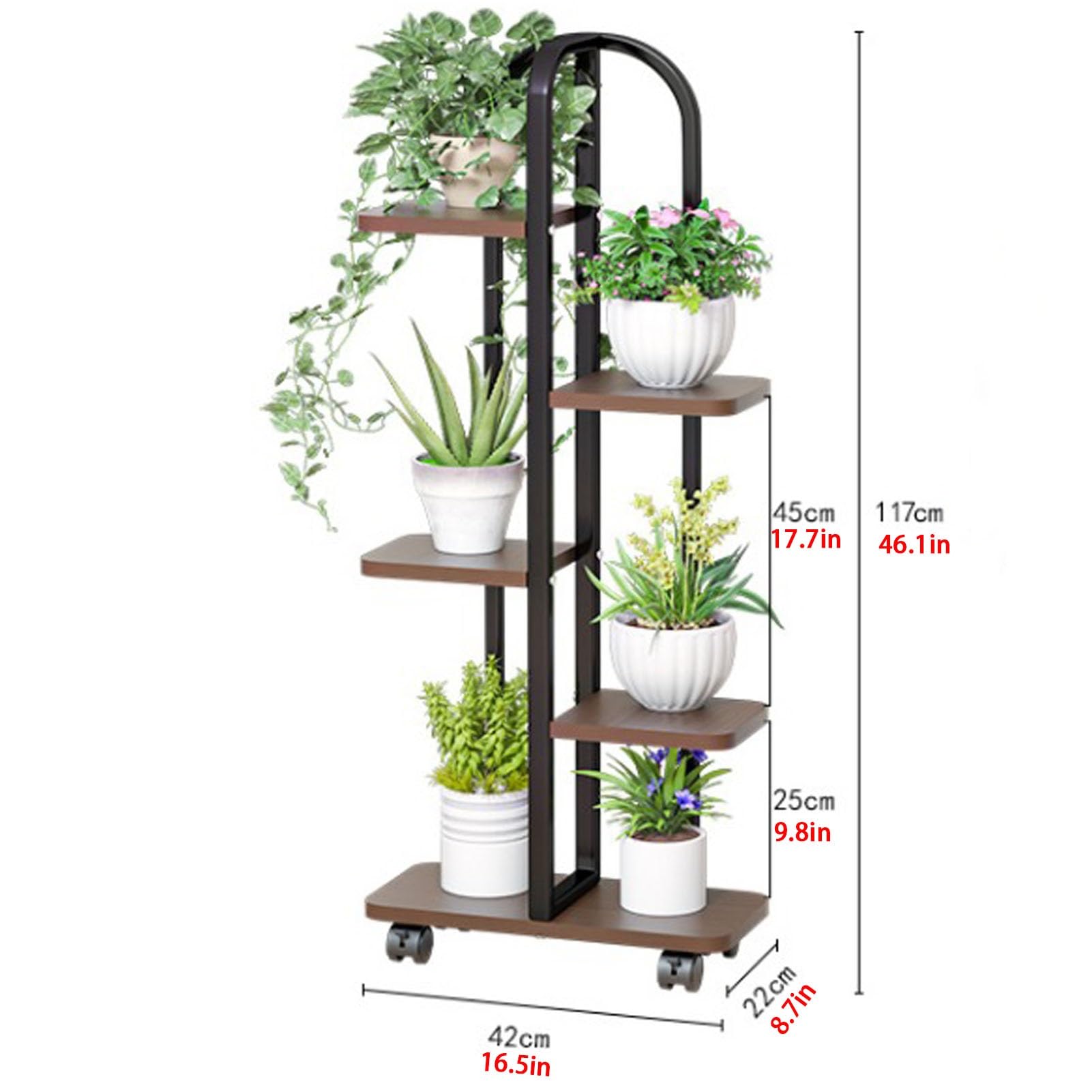 Supporto per piante in metallo su ruote, scaffale in legno a 5 ripiani per vasi da fiori, ideale per patio, soggiorno, balcone, ufficio, design nero