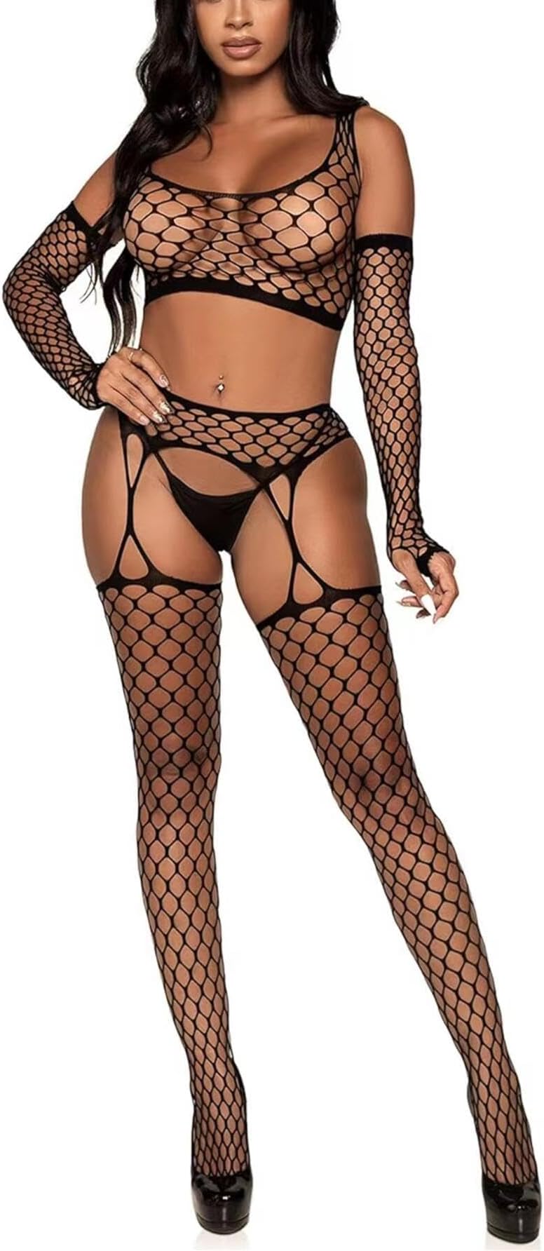 Bommi Fairy Women's Fishnet Chemise BobyStocking Nightdress Tight Hollow Out Lingerie Set Hand Stocking+Net Garter + Top Club Outfits Partywear