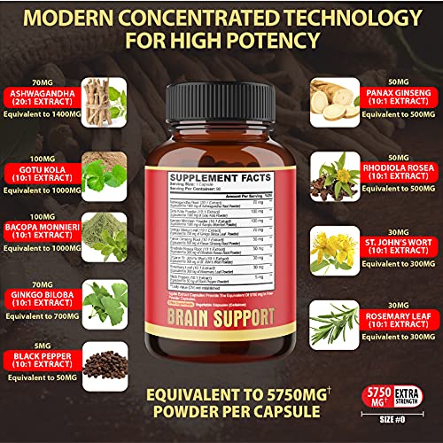 9In1 Brain Support Supplement, Equivalent To 5750Mg Of 9 Herbs - Concentrated Ashwagandha Root, Gotu Kola Powder, Bacopa Monnieri Powder And More - 90 Capsules - 3-Month Supply #TOP1