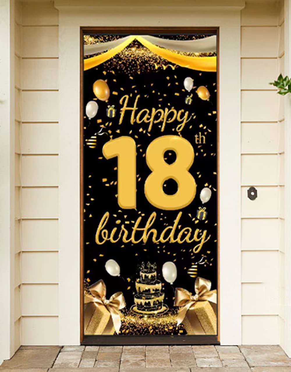 18th Birthday Decorations, 72 x 35 Inches 18th Birthday Banner Black Gold Birthday Background Door Banner Large Fabric Photo Booth Backdrop for Girl Boy of 18th Birthday Party Decorations