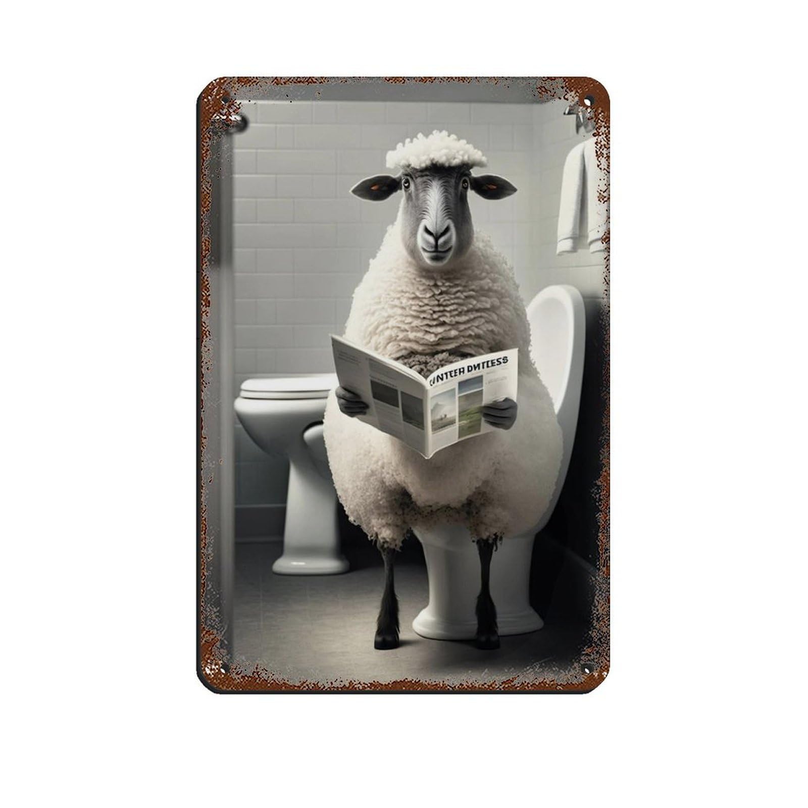 Lxwnze 20L X 30W Cm Sheep Sitting On The Toilet Reading A Newspaper Tin Sign Vintage Metal Pub Club Cafe Bar Home Wall Art Decoration Poster Retro 8X12inch(20X30cm)