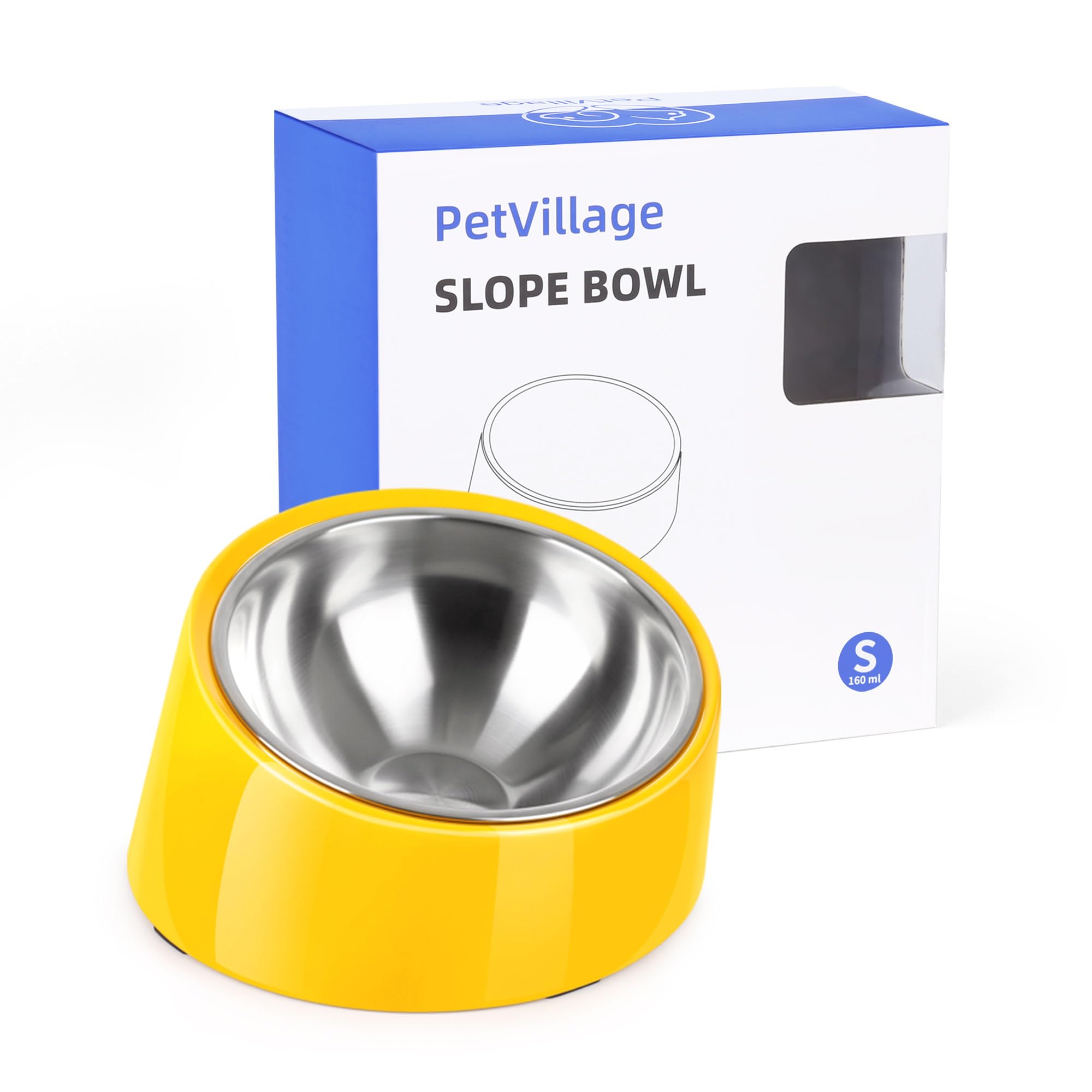 Petvillage Tilted Dog Bowl Non-Slip & Non-Spill Pet Feeder with Elevated Detachable Melamine Stand, Easy to Get Food Dog Dish, S/100ml Yellow