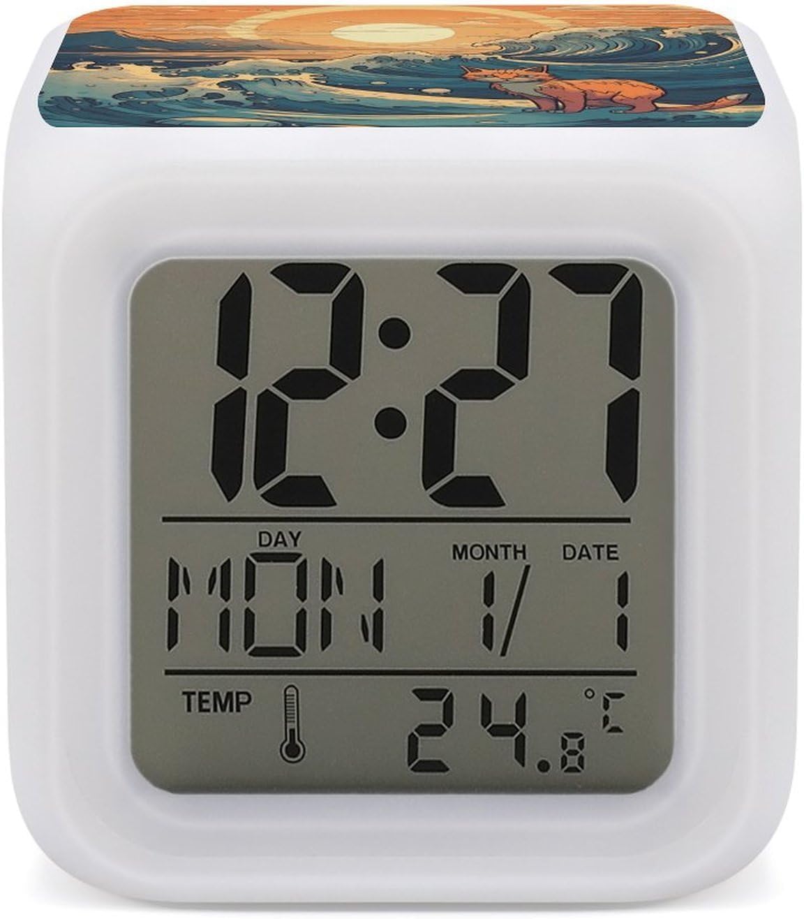 Anime Style Cat Alarm Clocks LED Digital Clock with 7 Colors Changing 3" Cube Wake Up Clock with Temperature Snooze Silent Night Light Battery Operated Beside Lamp for Bedroom Decor