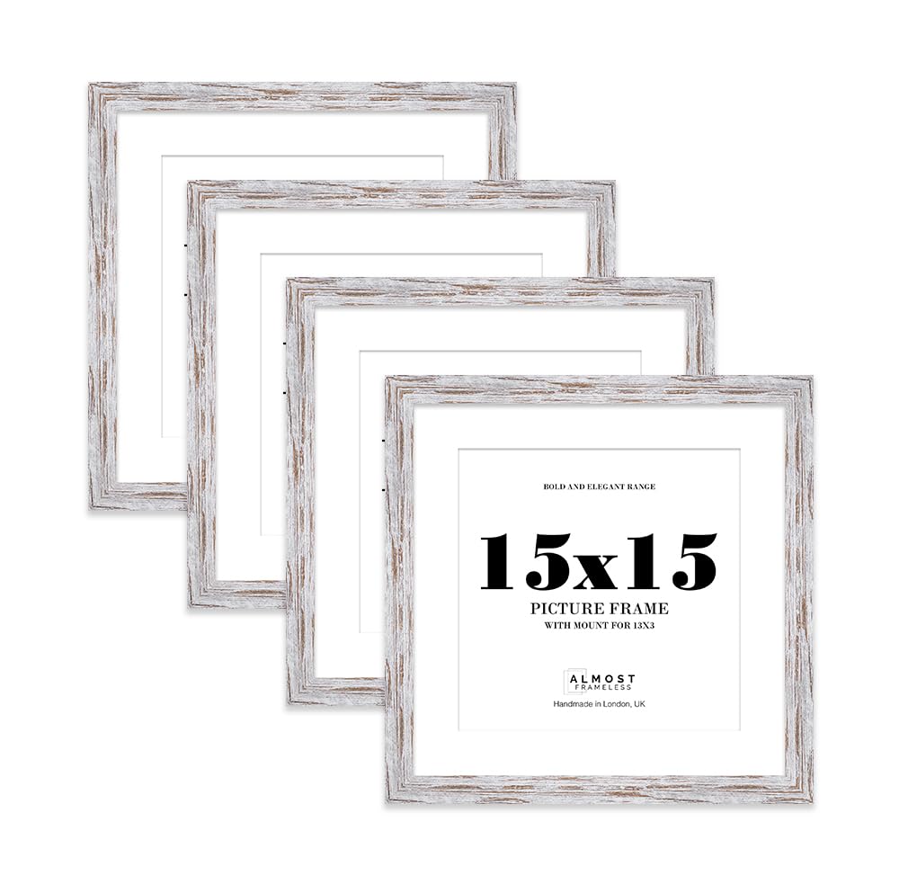 15x15" Distressed Wood Square Frame With Mount for 13x13" Pictures 28mm Edge Frame Display with Wall Hooks, 4 Pack