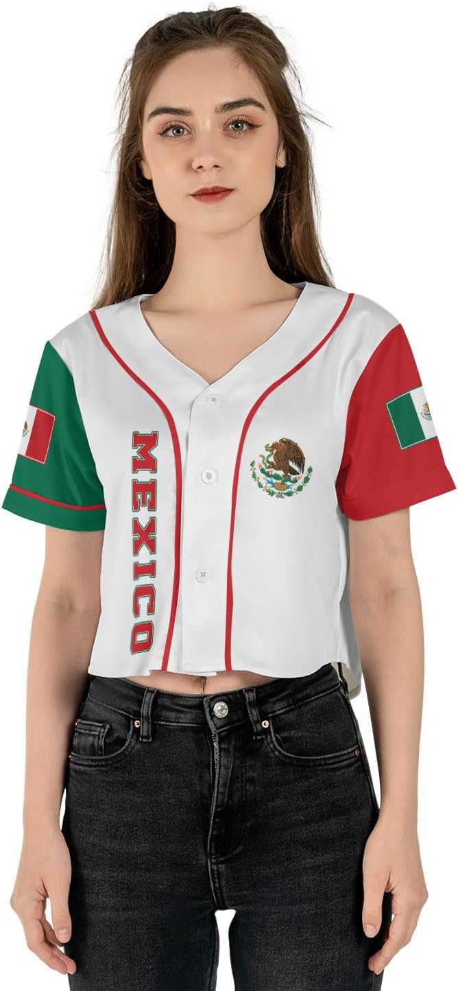 Personalized Mexico Crop Top Baseball Jersey Shirt, Mexican Flag Jersey, Mexicano Jersey for Women Mexican Pride