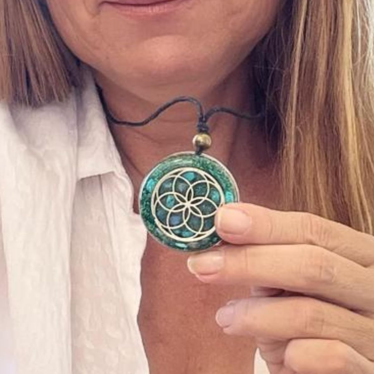 Orgone Necklace by Seed of Life - Healing Crystals Stones - Protection - SBB Coil-Orgonite Pendant Gems Turquoise, Moonstone, Rose Quartz, Meditation, Yoga, Reiki, Women Handmade, Arte Orgones Design - Image 4