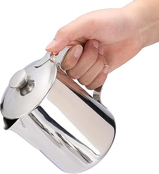 Coffee Frothing Pitcher with Lid, Stainless Steel Milk Frother Cup, Mutifunctional Milk Jug Cup, Coffee Steaming Pitcher with Handle for Latte Art and Frothing Milk350ml