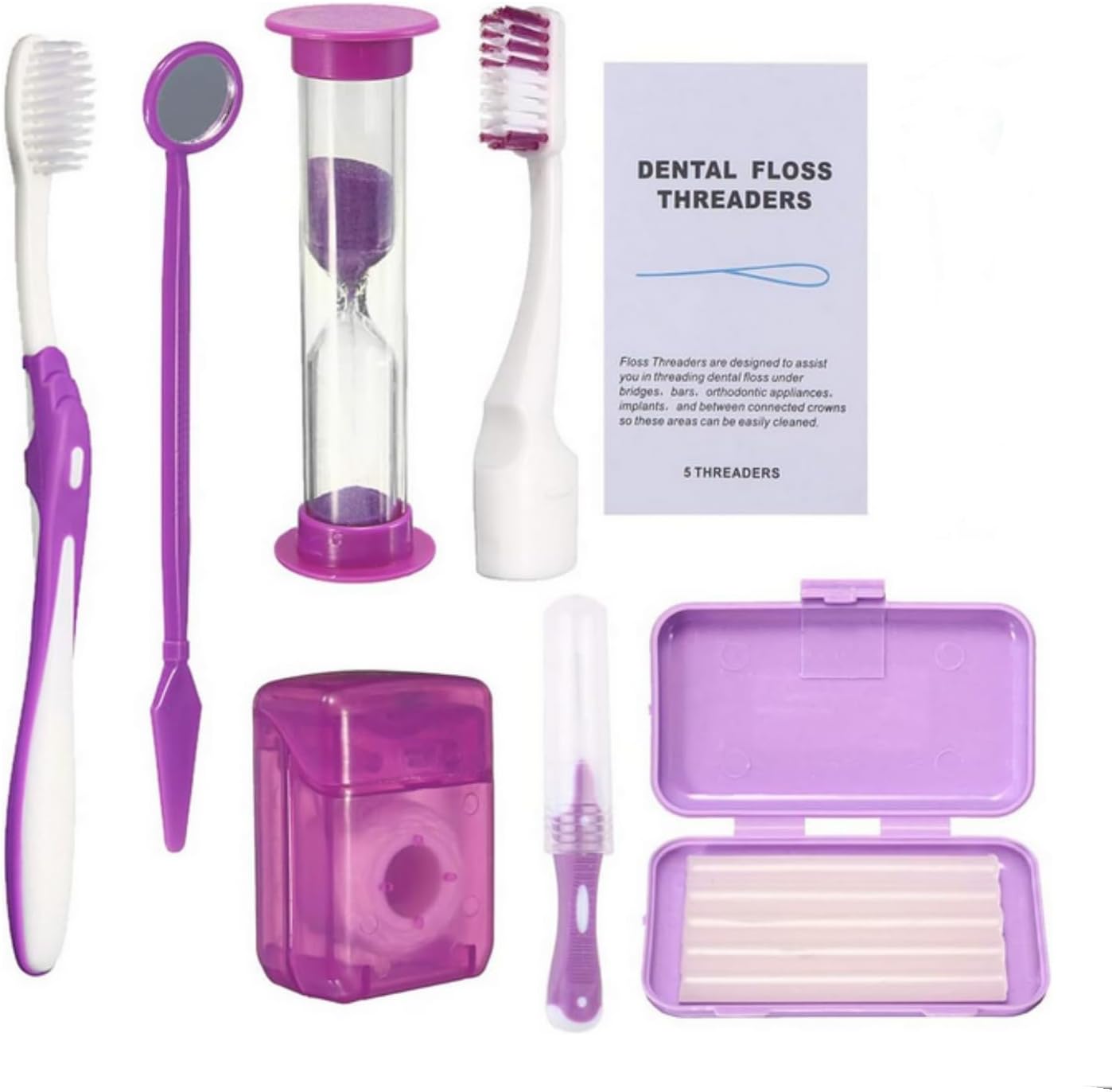SKEIDO 8Pcs Dental Teeth Orthodontic Kits Oral Cleaning Care Whitening Tool Suit Interdental Brush Floss Thread Wax Mirror (Purple)