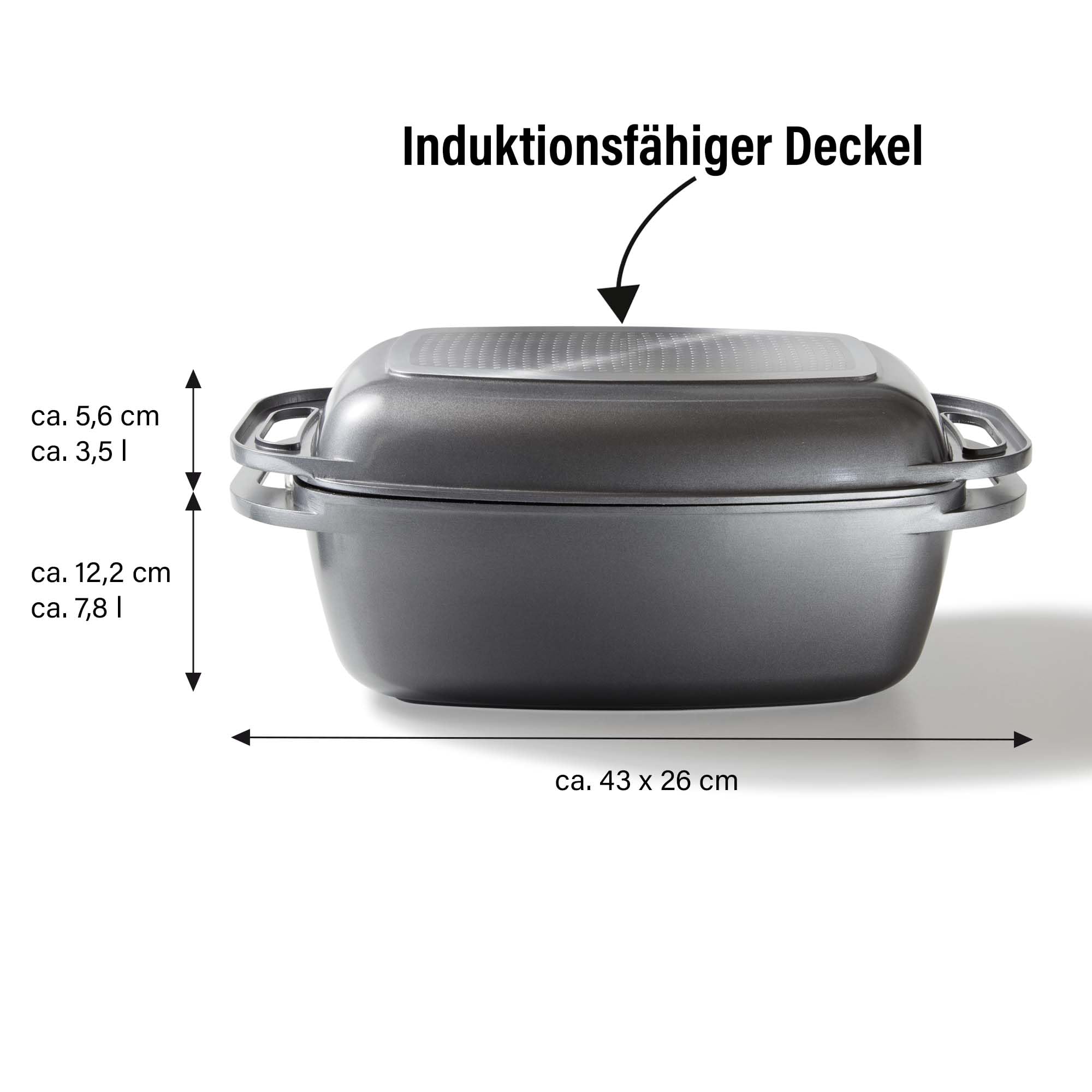 STONELINE Aluguss Bräter mit Deckel 43x26 cm, 8,4 L Bräter Induktion Backofengeeignet Für alle Herdarten, Deckel als Auflaufform verwendbar, Topf Antihaft Beschichtet mit echten Steinpartikeln, Grau