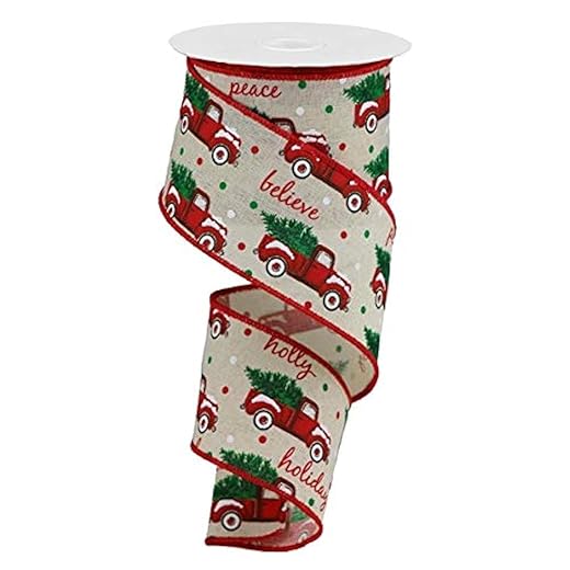 Christmas Vintage Trucks Wired Edge Ribbon - 10 Yards (Cream, 2.5 Inch)