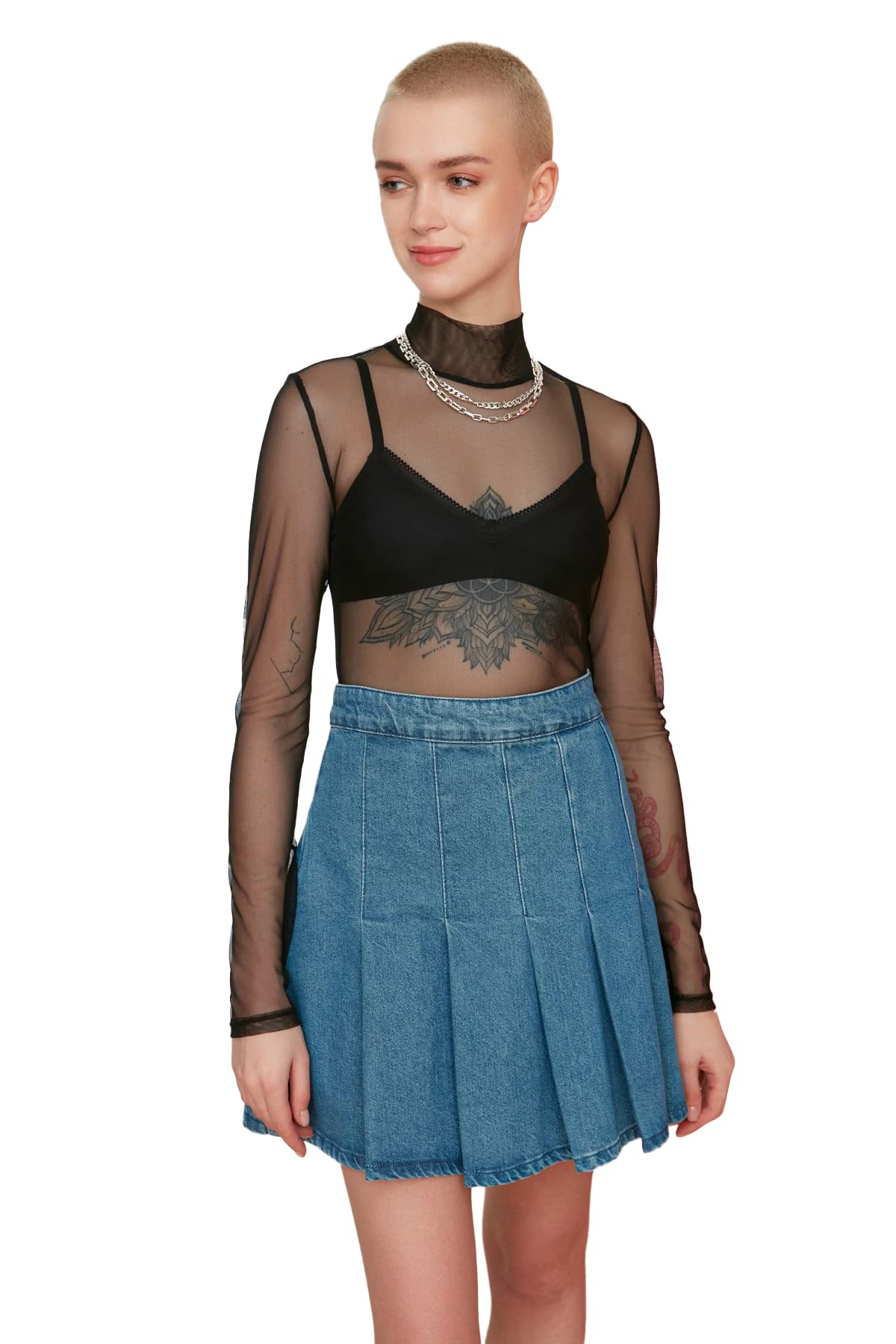 Trendyol Damen Schwarz Steile Kragen Tüll Gestrickte Bluse Blouse, M Eu