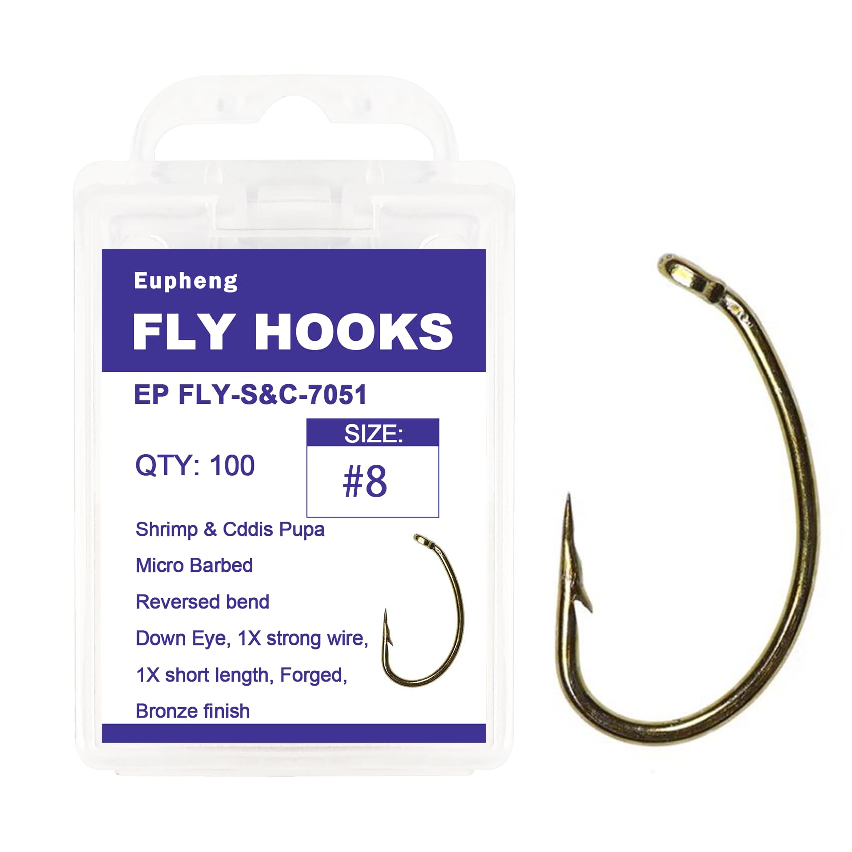 Fly Fishing Hooks 100pc Pack Micro Barbed High Carbon Steel Bronze Forged for Dry Flies, Curved Nymphs, Shrimp,Caddis Pupa