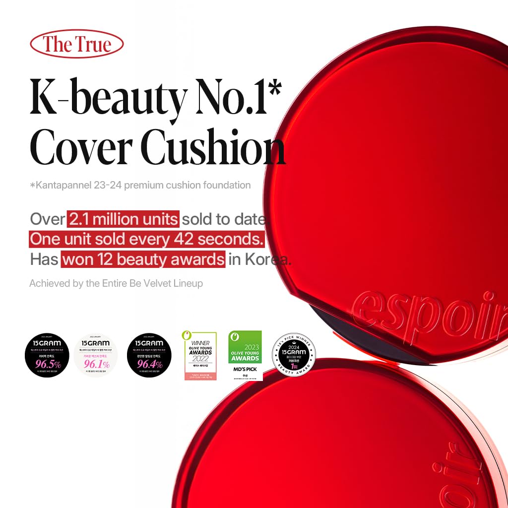 Espoir NEW Be Velvet Cushion Foundation #23.5 Fair Olive | Quick and Easy Coverage with Long-lasting Color by Zero Oxidation, Velvety Smooth Finish & Lightweight Formula, Vegan, Korean Makeup, 0.46 oz