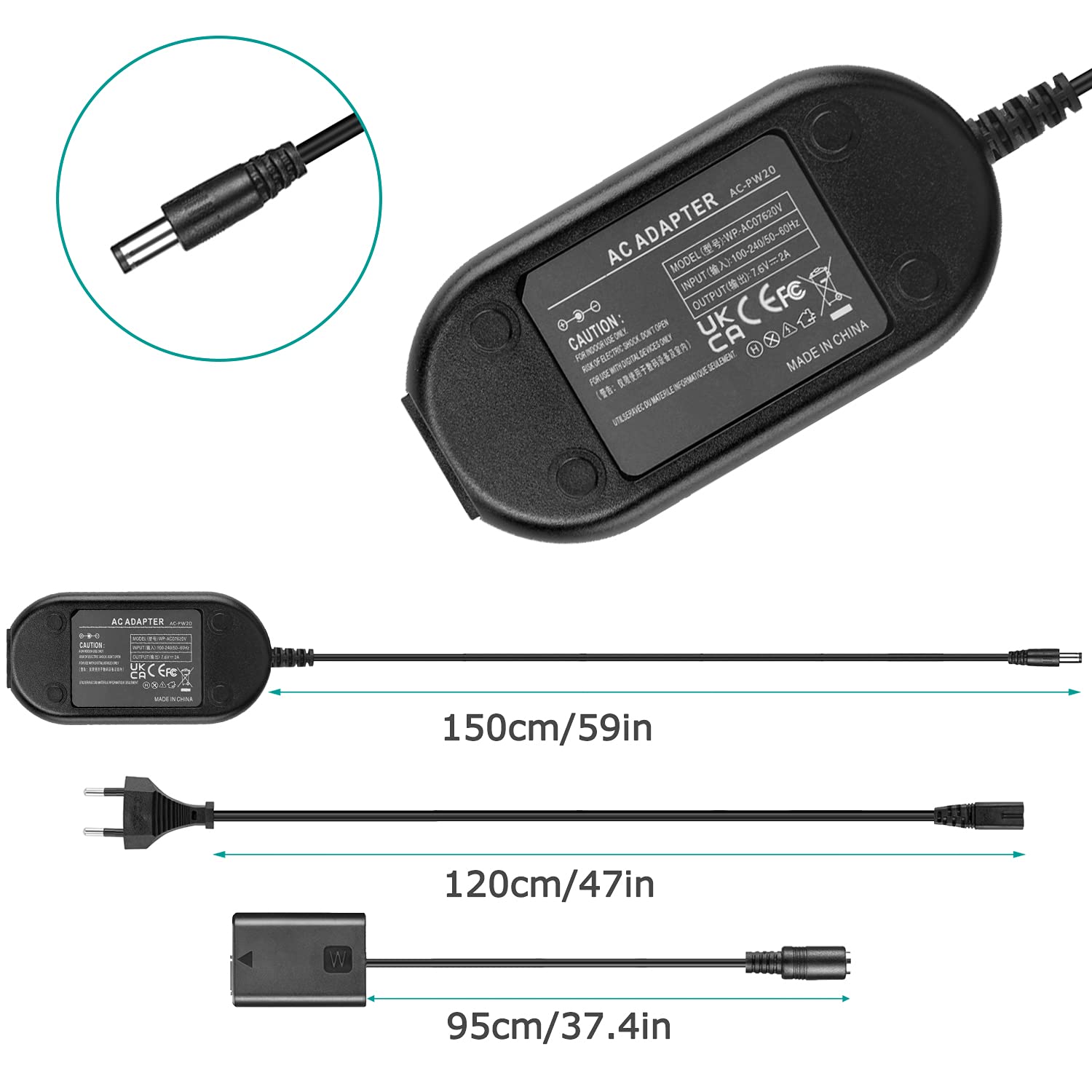 NP-FW50 Accoppiatore CC batteria fittizia AC-PW20 Adattatore di alimentazione CA per Sony Alpha A6000 A6500 A6300 A6400 A5100 A3000 A7 A55 A7II A7RII A7SII A7S A7R NEX 3/5/7 RX10 II III IV