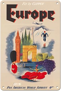 Europe - Fly by Clipper - Pan American World Airways - Vintage Airline Travel Poster c.1950s - 8 x 12 inch Vintage Metal Tin Sign