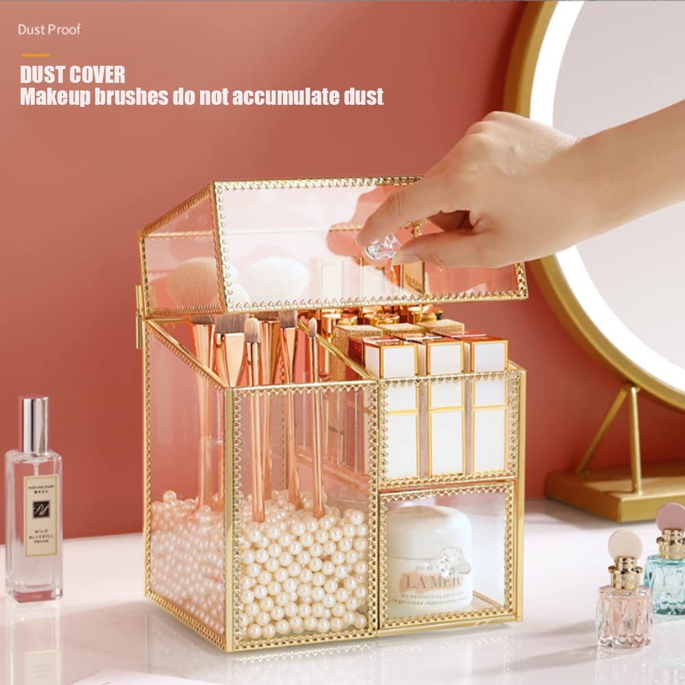 YUEHUA Wielofunkcyjny uchwyt na pędzle do makijażu, w stylu vintage, przezroczyste szkło, organizer na pędzle do przechowywania perfum, lakieru do paznokci, szminek, kremu do twarzy, pędzli do