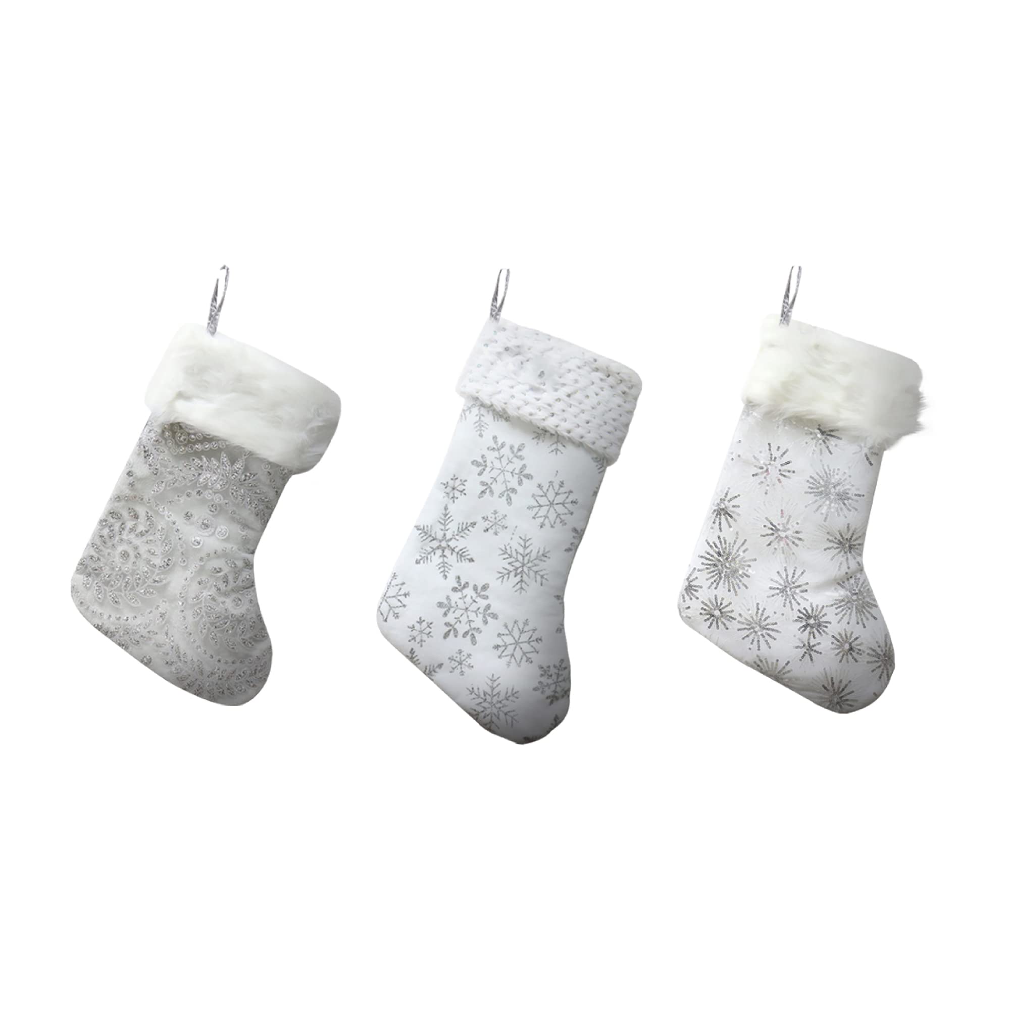 RMTL Velvet Organza Stockings With White Sateen & Silver Glitter Snowflakes Design Ideal For Christmas Decoration, Gift Storage Set Of 3 | Stockings | Christmas Stockings | Xmas Stockings