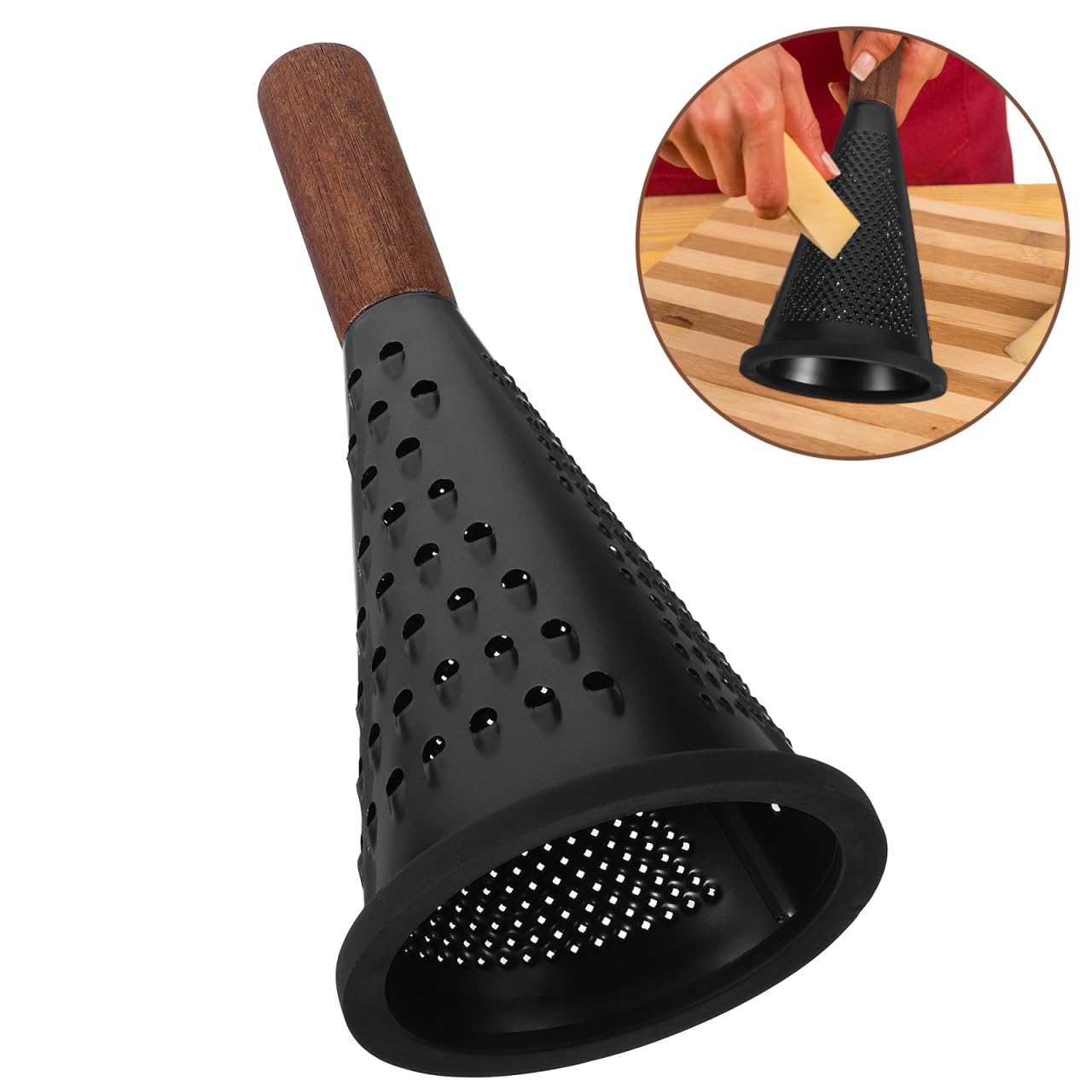 Luxshiny Grattugia a cono per formaggio in acciaio inox, tripla mano, per verdure, formaggio, patate, frutta, verdura, tritatutto, con manico in legno, per triturare, taglierina, limone, grattugia